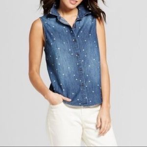 Universal Thread Women's S Vest Cotton Denim Button Up Collared Stars Patriotic